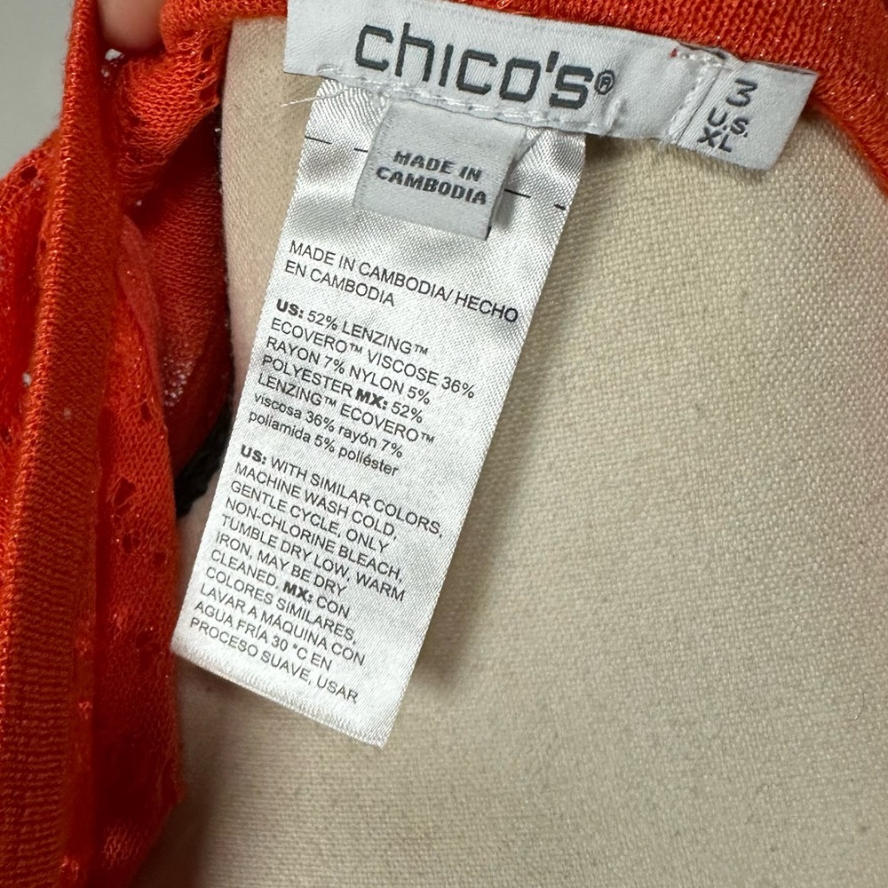 Chico's Orange Pointelle Palms Cardigan Sweater Open Knit Boho Casual XL NWOT - Picture 14 of 17